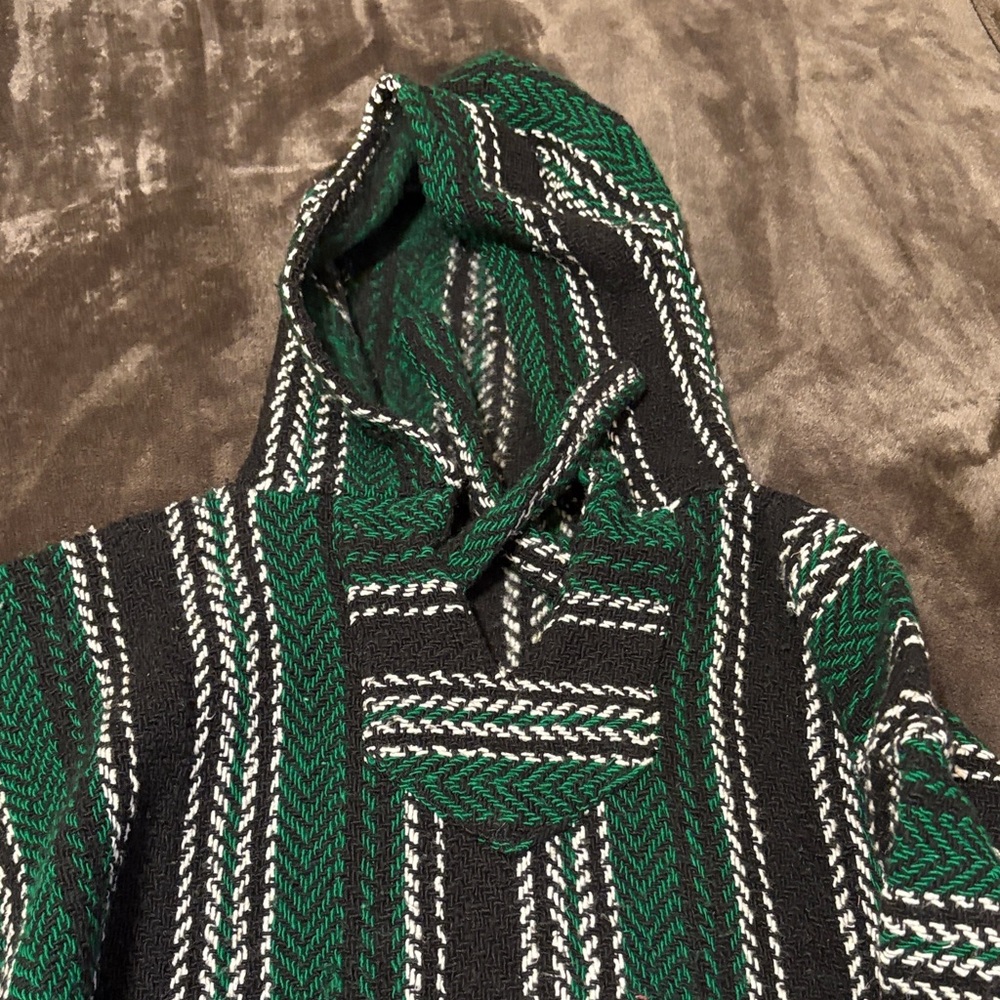 Mexican Woven Baja- Rug Hoodie Black Green & white Striped Baja Hoodie XL - Picture 2 of 10